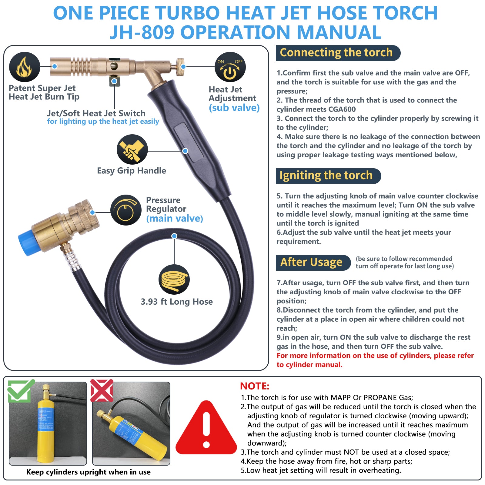 Propane Torch Hose Kit – Heavy Duty Gas Welding Torch with Adjustable Heat Output, Long Hose and Brass Nozzle for Soldering, Brazing, Heating and BBQ